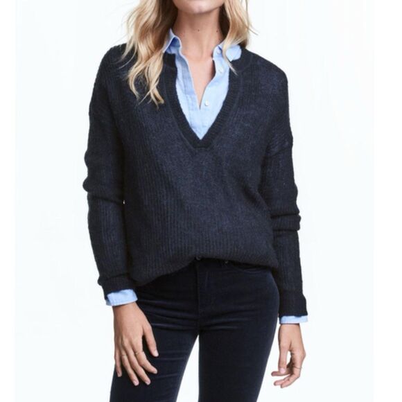H&M Women’s Dark Blue Deep V Neck Long Sleeve Sweater Pullover Sweatshirt Size L - Picture 2 of 16